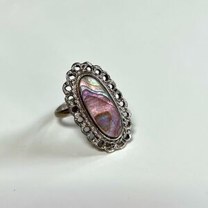 Vintage Silver Mexican Navajo Iridescent Abalone Moonstone Filigree Oval Ring